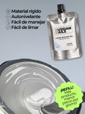 RN RUSSIAN NAILS Liquid Builder Gel 70g (tono 01, transparente), bolsa REFILL
