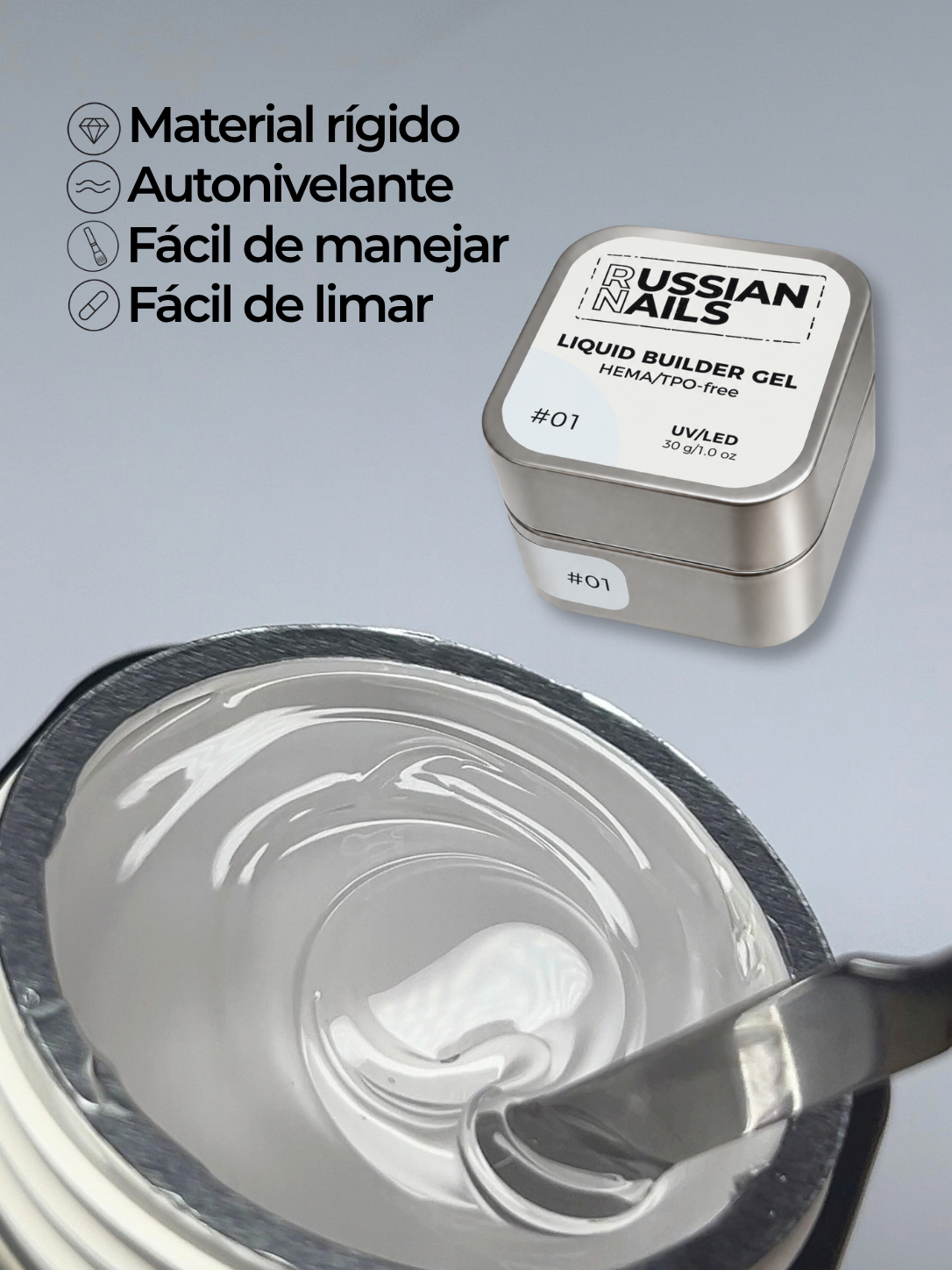 RN RUSSIAN NAILS Liquid Builder Gel 30g (tono 01, transparente), frasco convencional