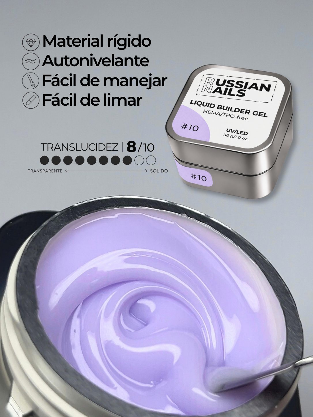 RN RUSSIAN NAILS Liquid Builder Gel 30g (tono 10), frasco convencional
