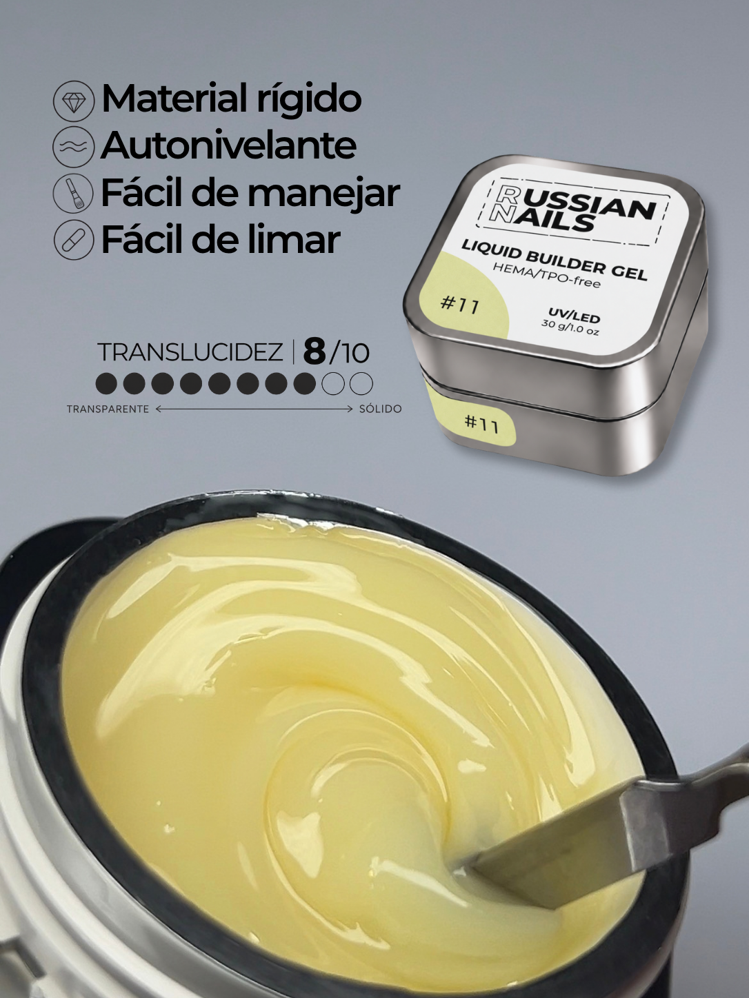 RN RUSSIAN NAILS Liquid Builder Gel 30g (tono 11), frasco convencional