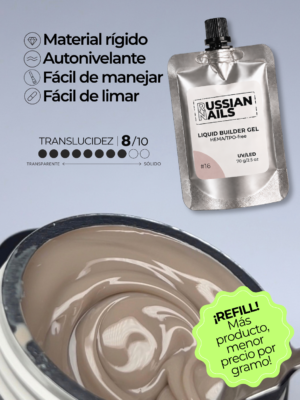 RN RUSSIAN NAILS Liquid Builder Gel 70g (tono 16), bolsa REFILL
