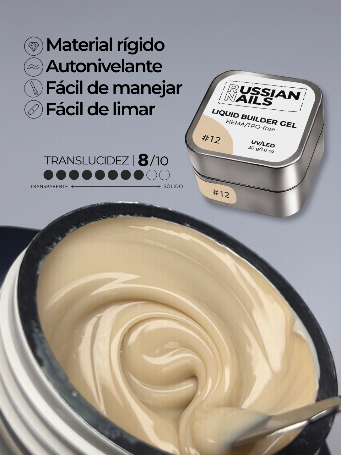 RN RUSSIAN NAILS Liquid Builder Gel 30g (tono 12), frasco convencional