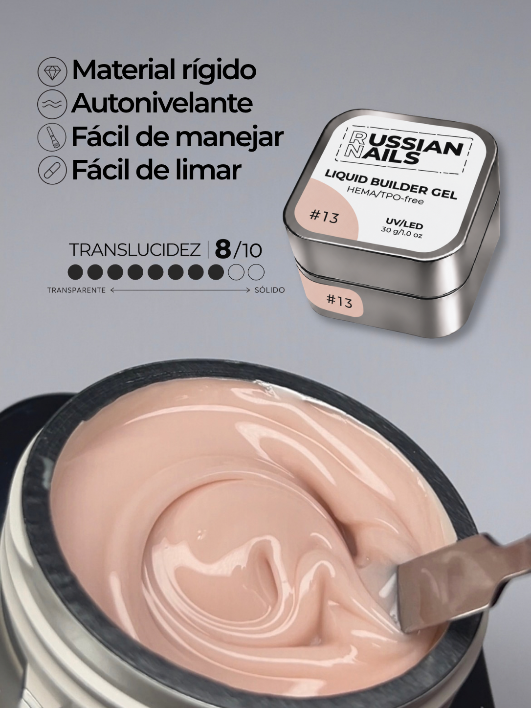 RN RUSSIAN NAILS Liquid Builder Gel 30g (tono 13), frasco convencional