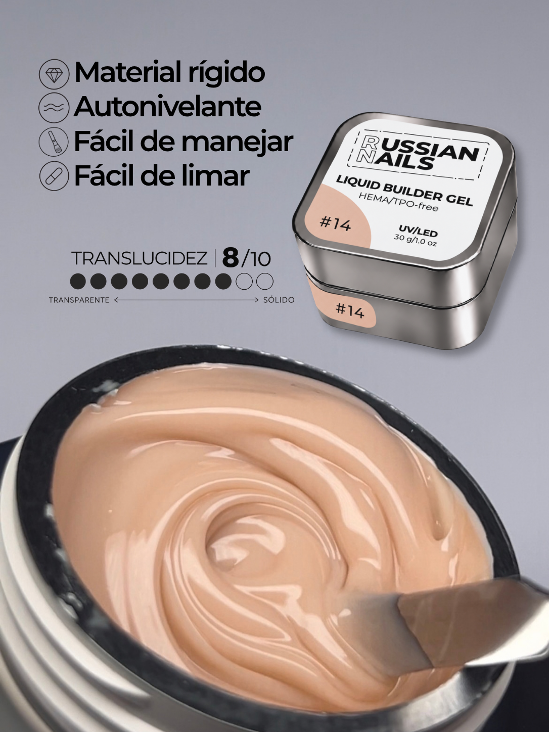 RN RUSSIAN NAILS Liquid Builder Gel 30g (tono 14), frasco convencional