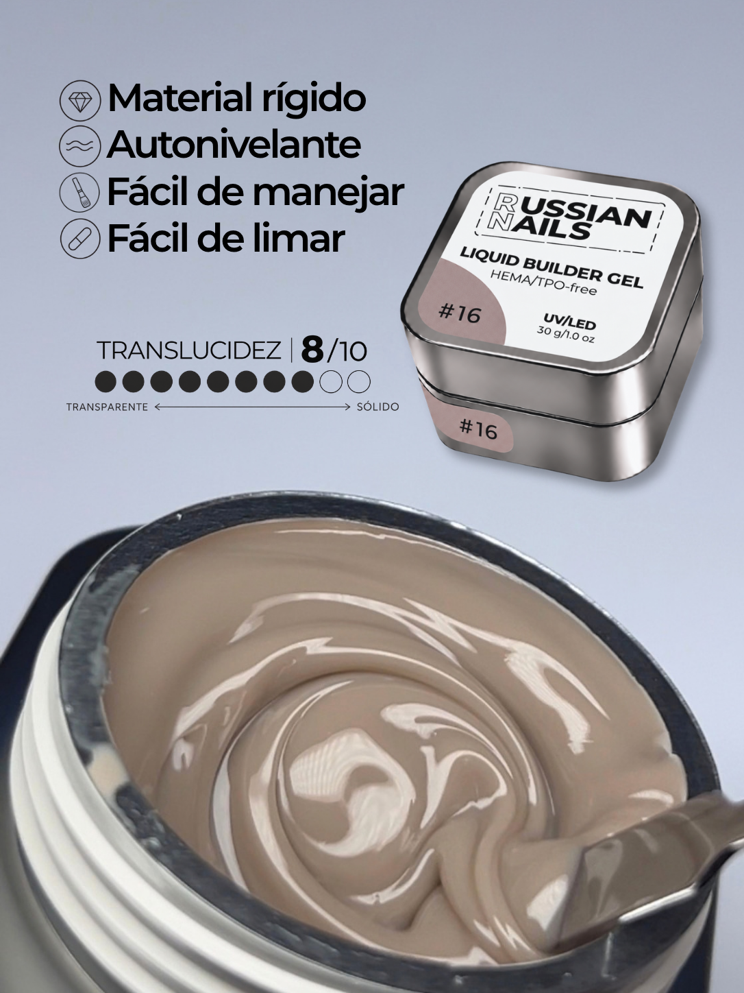 RN RUSSIAN NAILS Liquid Builder Gel 30g (tono 16), frasco convencional