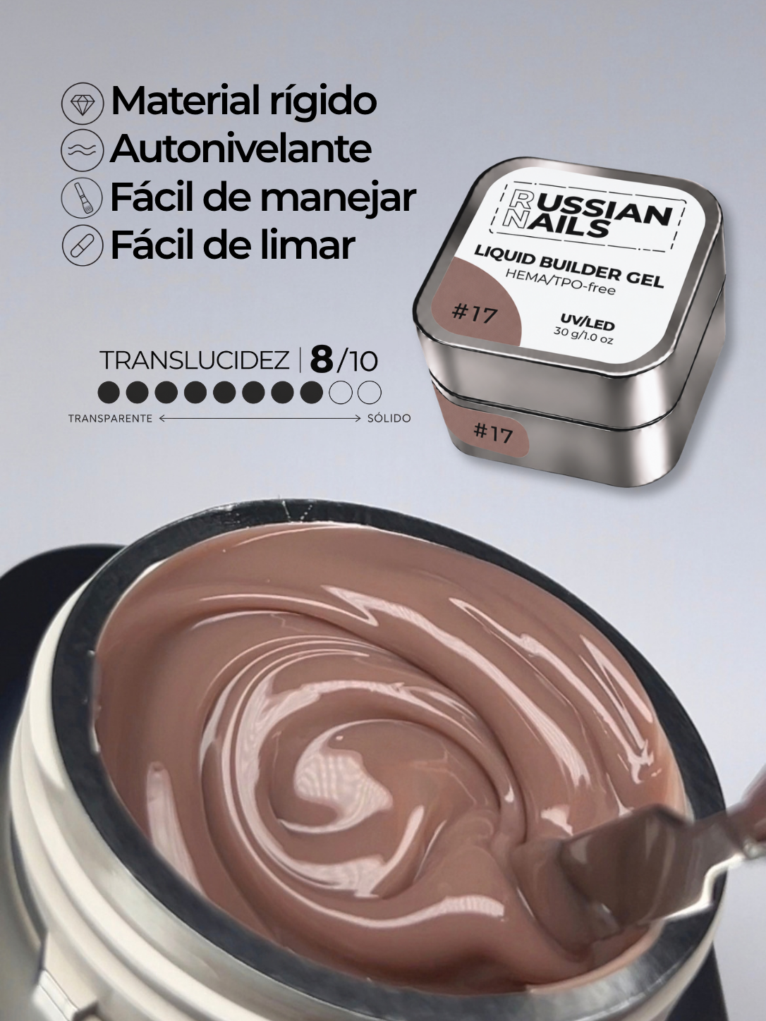 RN RUSSIAN NAILS Liquid Builder Gel 30g (tono 17), frasco convencional