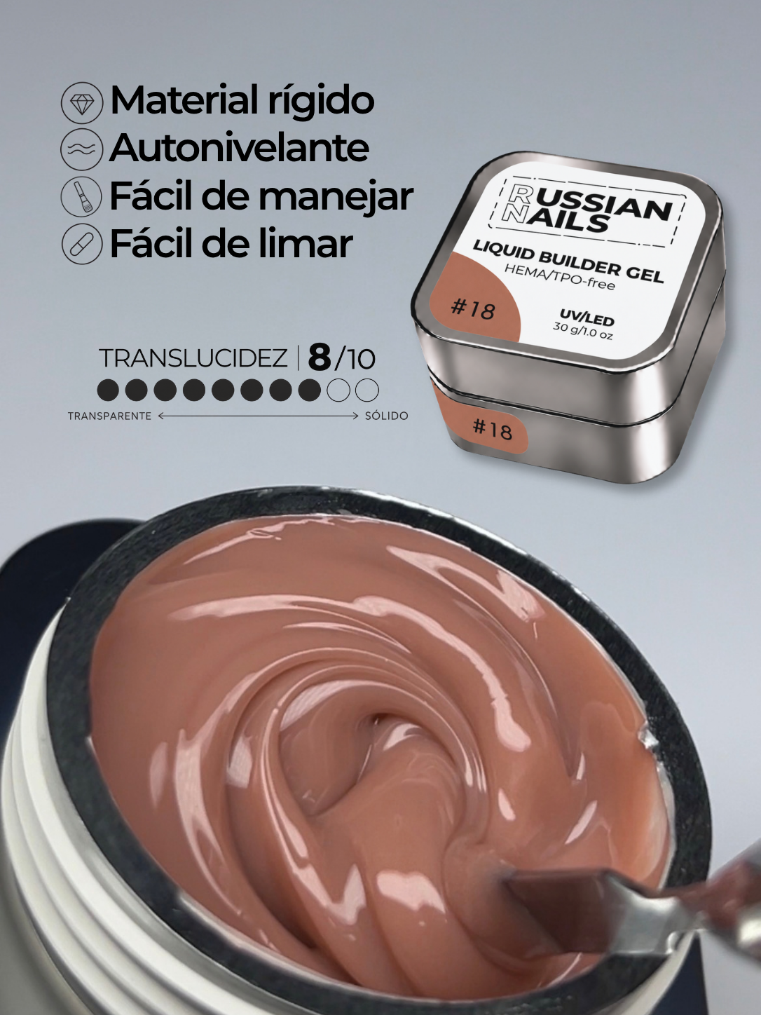 RN RUSSIAN NAILS Liquid Builder Gel 30g (tono 18), frasco convencional