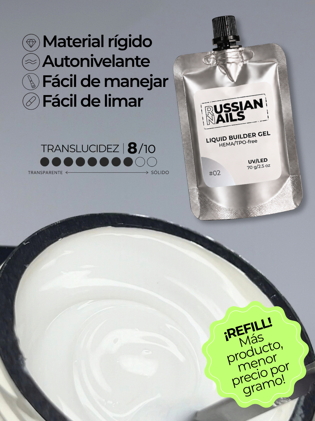 RN RUSSIAN NAILS Liquid Builder Gel 70g (tono 02, blanco leche), bolsa REFILL