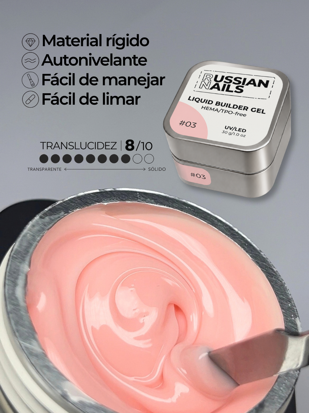 RN RUSSIAN NAILS Liquid Builder Gel 30g (tono 03), frasco convencional