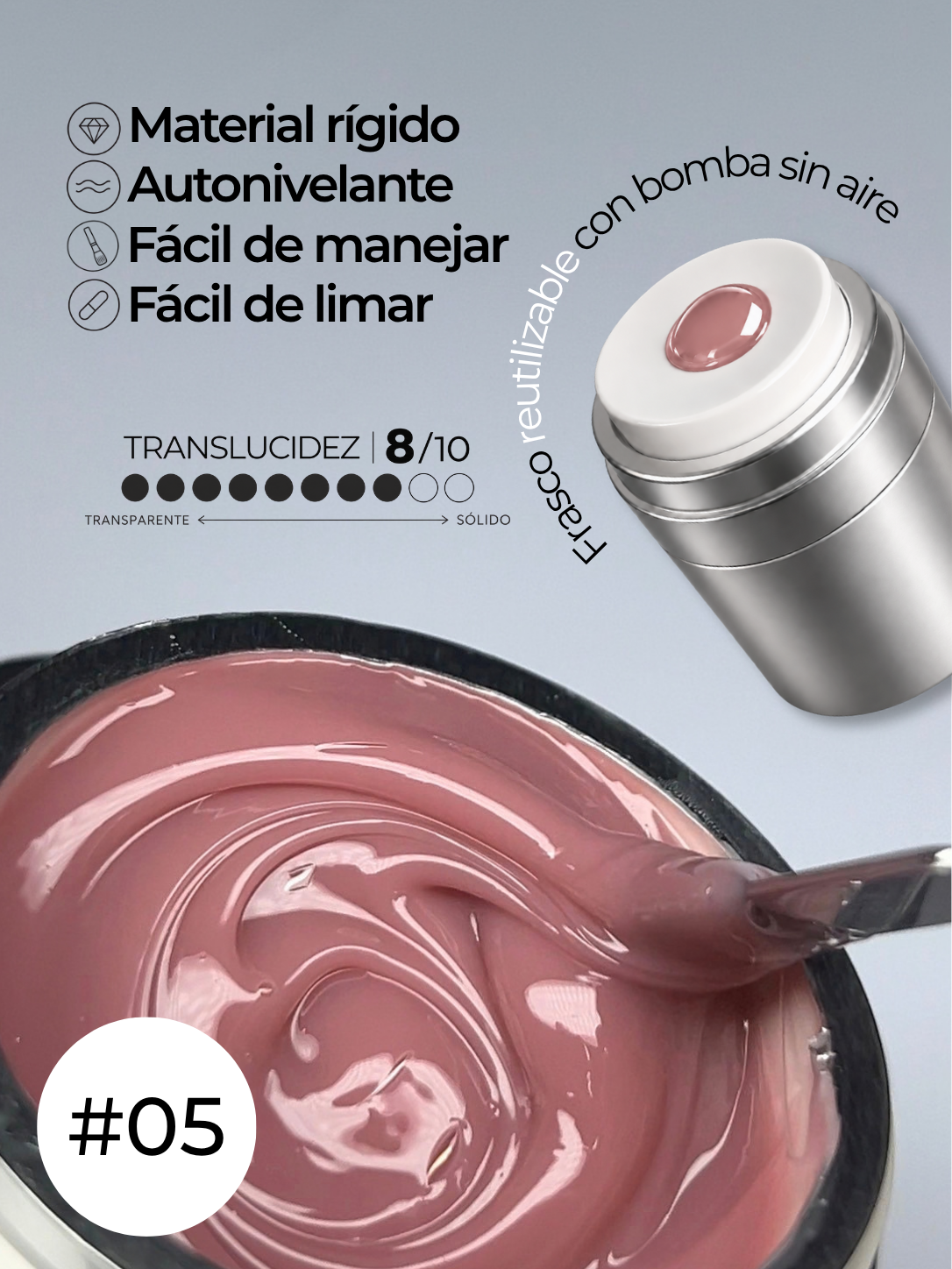 RN RUSSIAN NAILS Liquid Builder Gel 30g (tono 05), frasco AIRLESS
