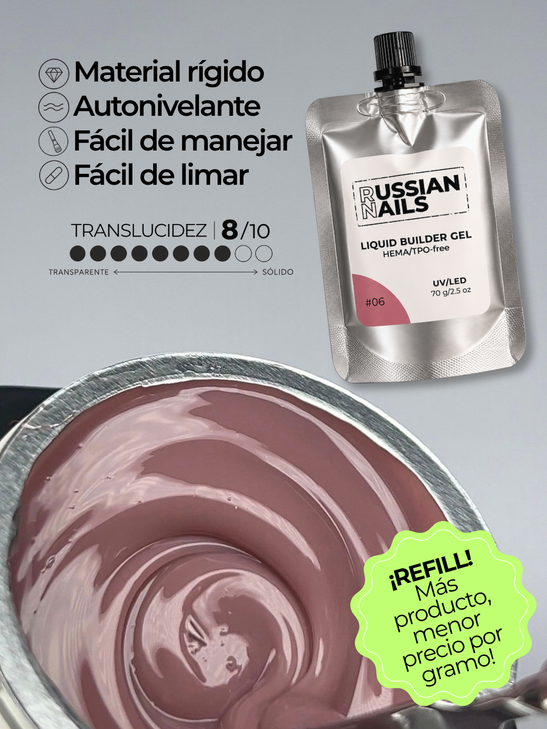 RN RUSSIAN NAILS Liquid Builder Gel 70g (tono 06), bolsa REFILL